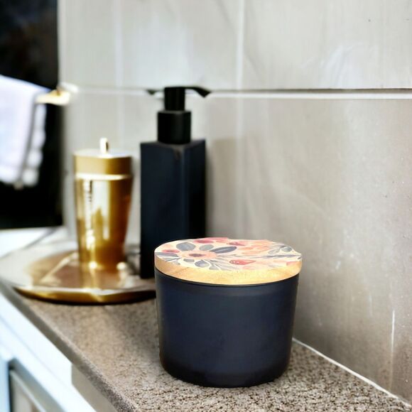 Frosted Blue Glass Canister with Wooden Flower Painted Sealing Lid - Picture 1 of 6